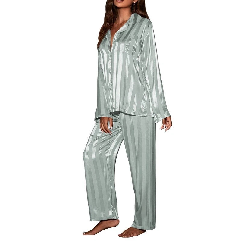 2023 Women's striped pajama set, solid silk satin pajama two-piece set