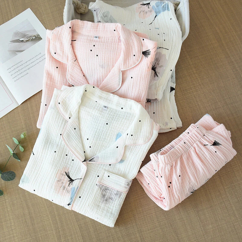 Japanese Women 100% Gauze Cotton Pajamas Set Long Sleeve Sleepwear Nightwear New