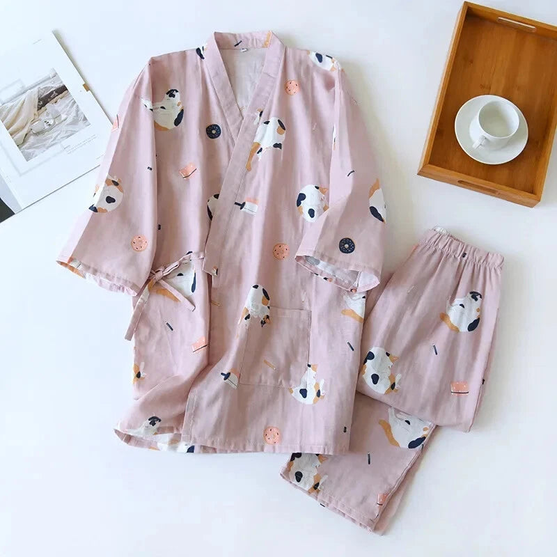 Pajamas Set Female Spring and Autumn 100% Cotton Gauze Home Clothes Sweet Two-p