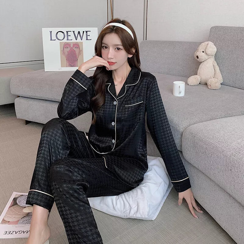 Women's Long Sleeve Silk Pajama Set Button-Down Sleepwear Print Loungewear Plus