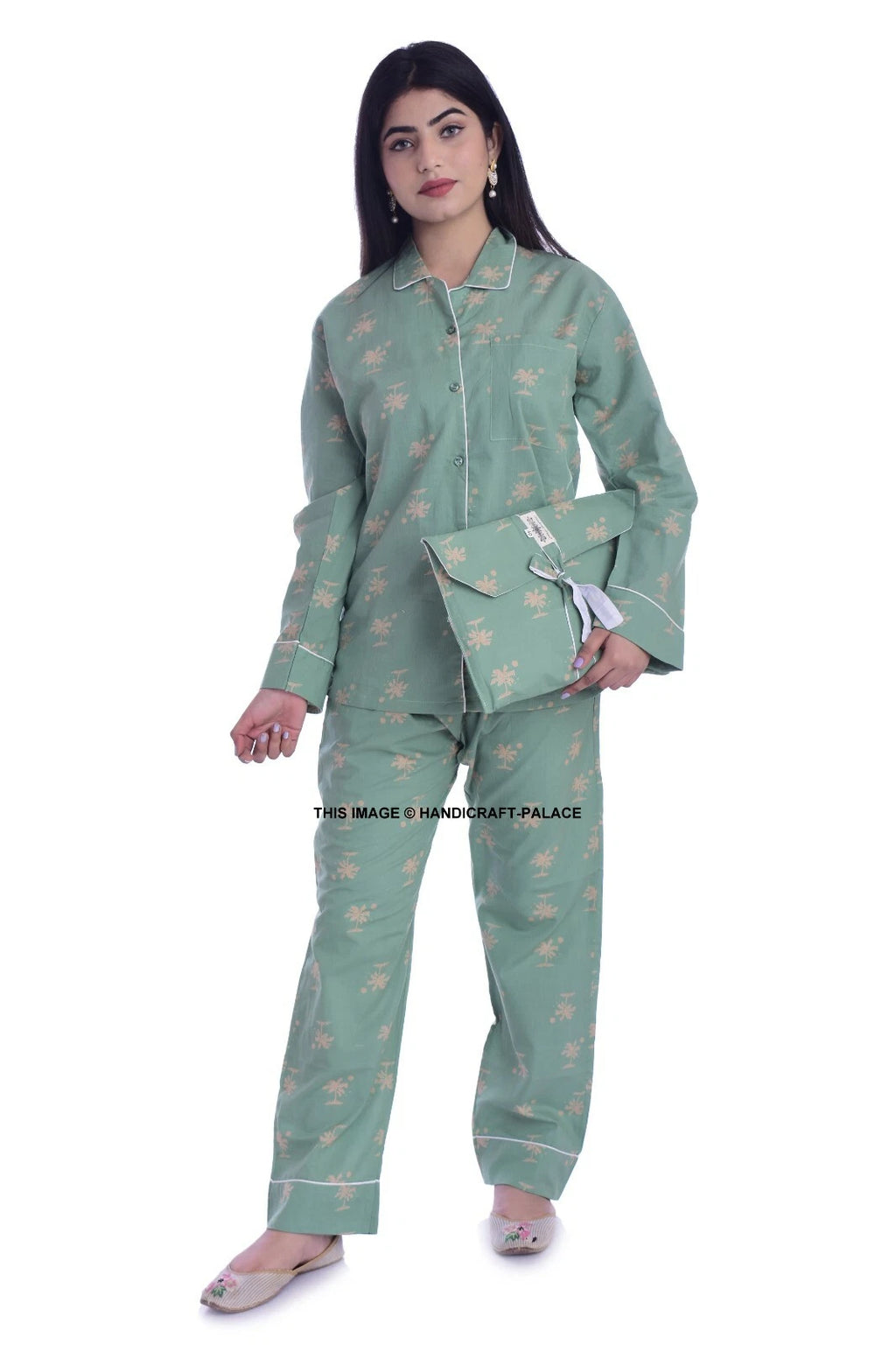 Women 100% Cotton Pajamas Set Nightclothes Homewear Sleep Palm Tree Print Indian