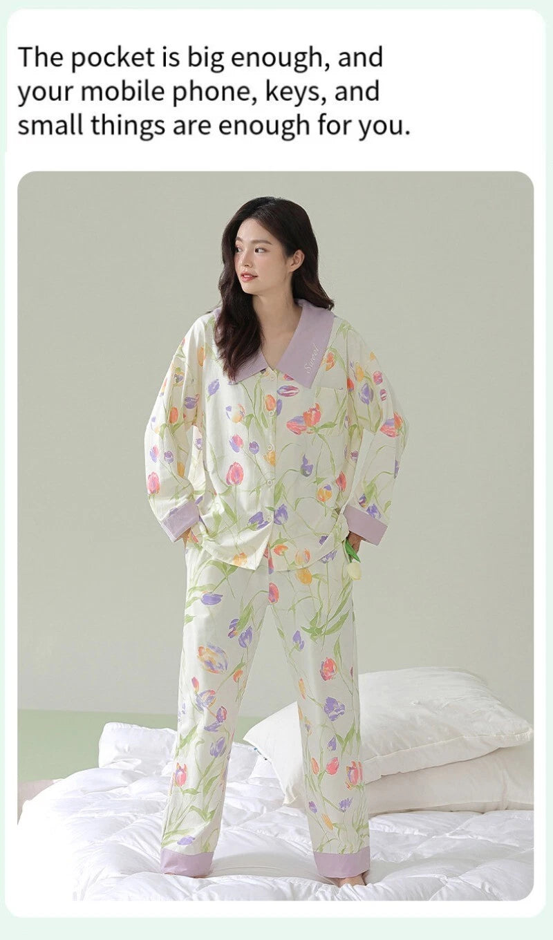 Fashion Women's Home Clothes Print Pajama Set Soft Comfortable Autumn Sleepwear