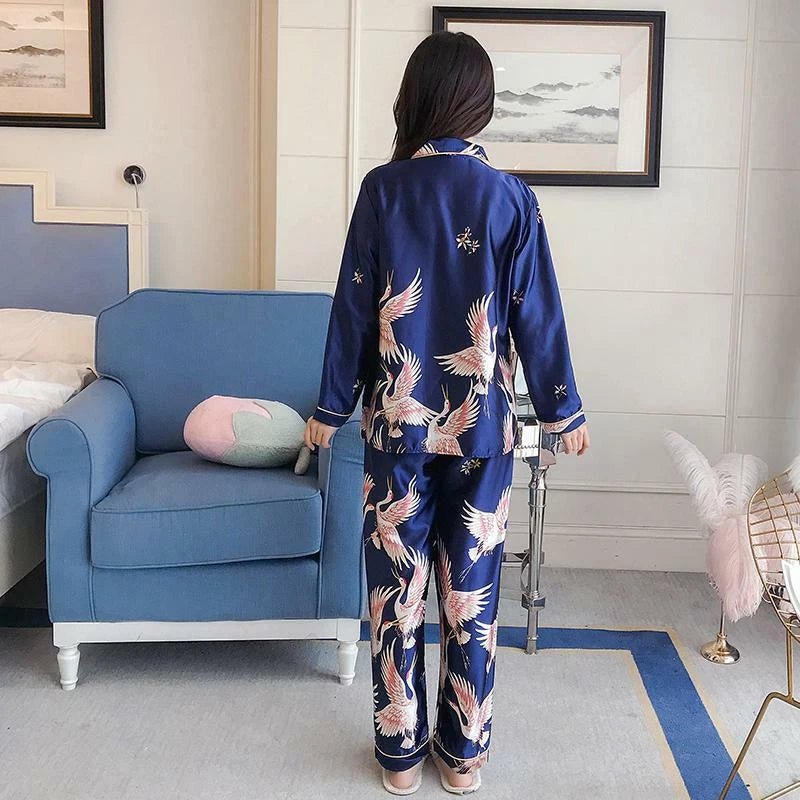 Women's Long Sleeve Silk Pajama Set Button-Down Sleepwear Print Loungewear Plus