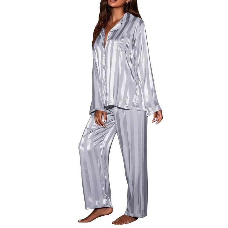 2023 Women's striped pajama set, solid silk satin pajama two-piece set