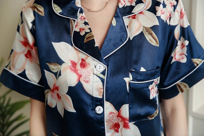 Women's Satin Pyjamas Set Short Sleeve Button-Down Sleepwear Silk PJS Loungewear