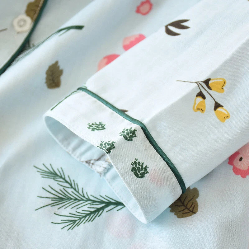 Women Pajamas Set 100% Cotton Printed Sleepwear Casual Nightwear Gauze Home Wear