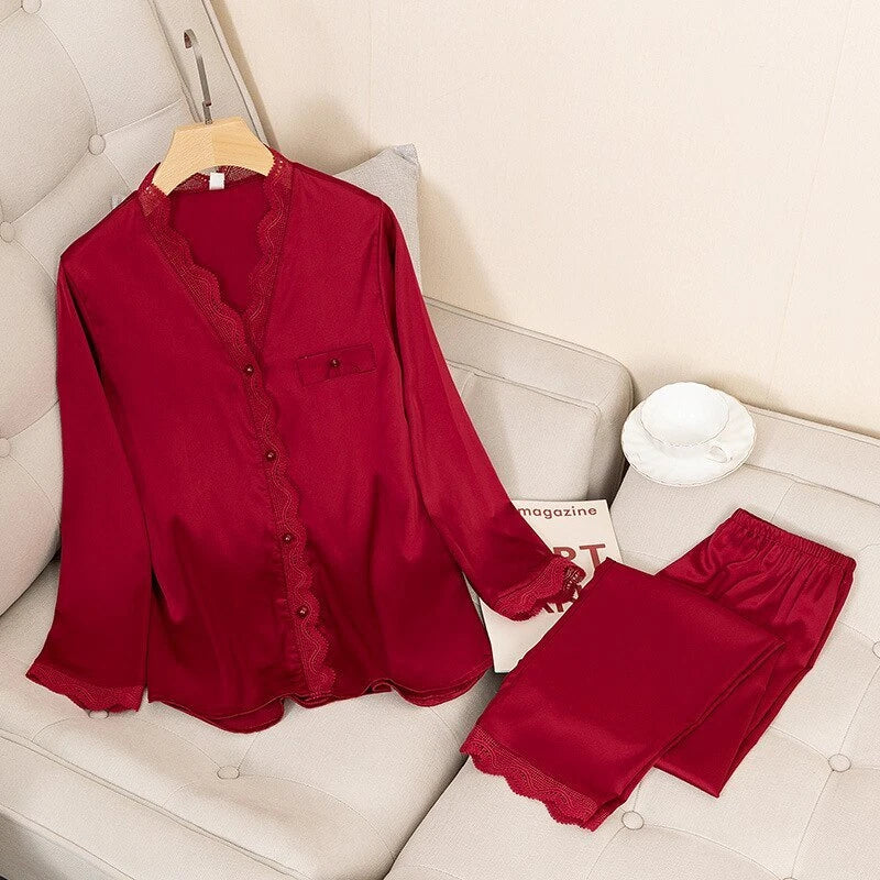 Pajamas Set Satin Women 2 Piece Sleepwear Silky Pyjamas Nightwear Shirt&Pants