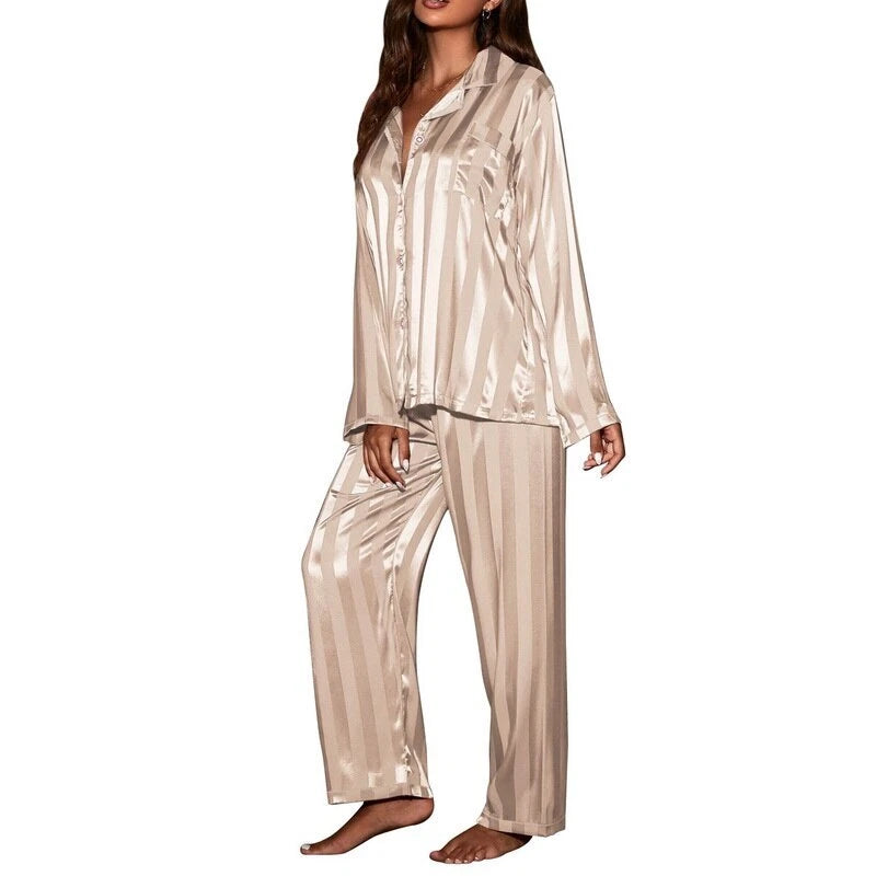 2023 Women's striped pajama set, solid silk satin pajama two-piece set