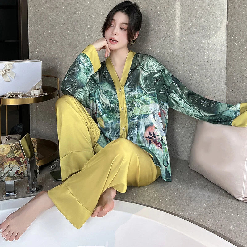 Women's Pajamas Set Luxury Print Silk Sleepwear V Neck Design Homewear Nightwear