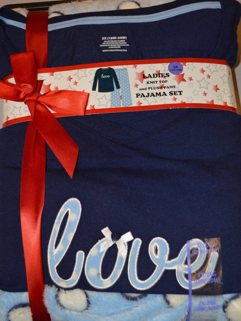 Women's Love Blue Polka Dot 2 Piece Plush Pajama Sleep Set Sizes M, L, XL, 2XL