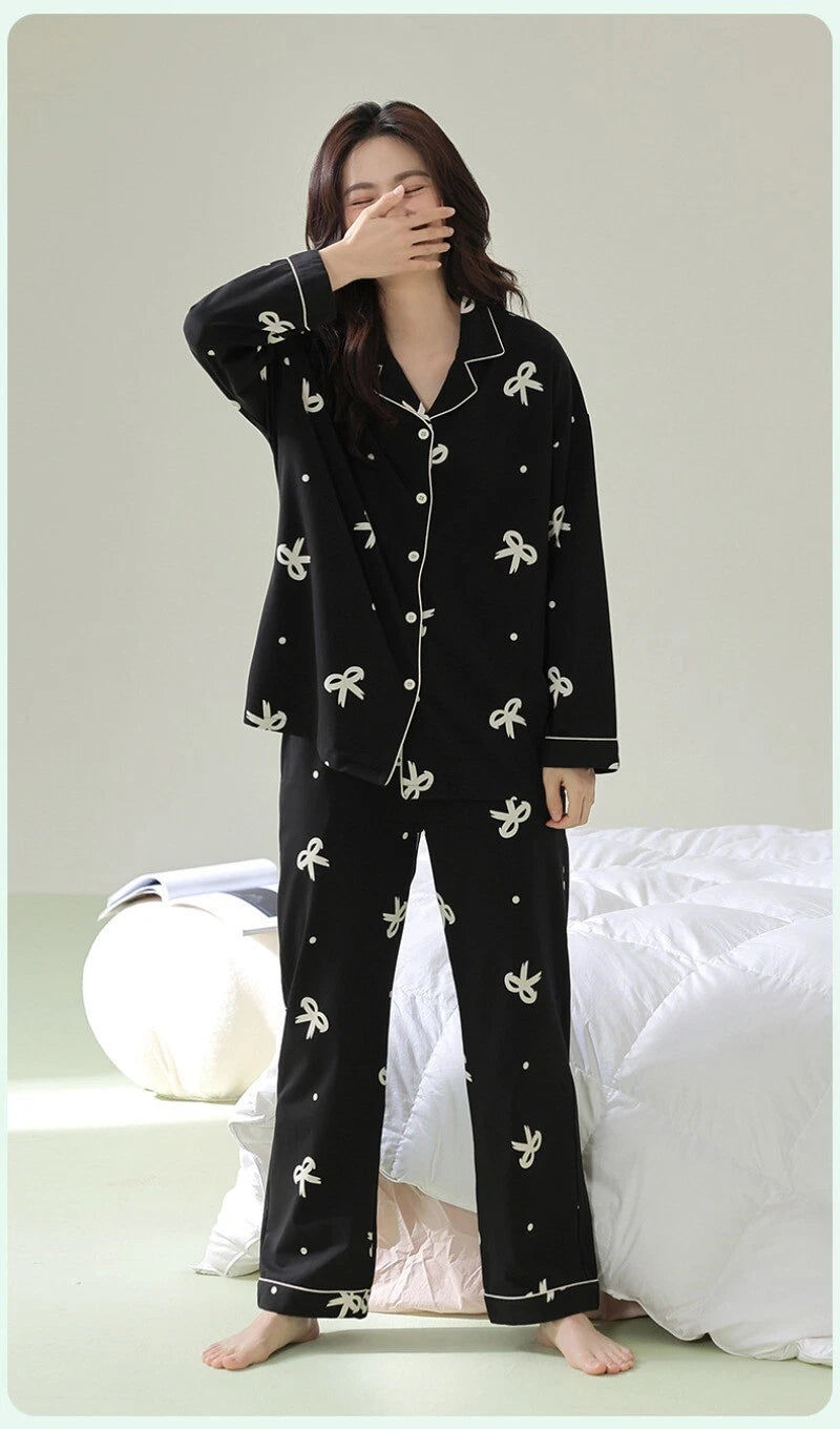 Women's Pajamas Set Long Sleeve Cardigan Bow Print Comfortable Antibacterial Homewear-