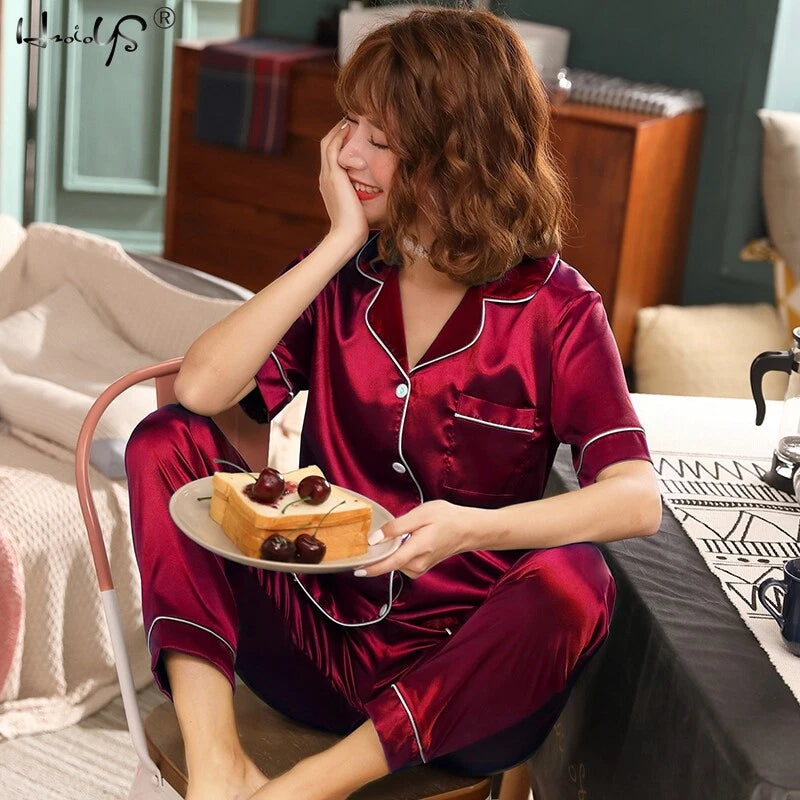 Womens/Ladies Long Sleeve Silk Satin Pyjamas Pyjama PJs Soft Silk PJS Nightwear