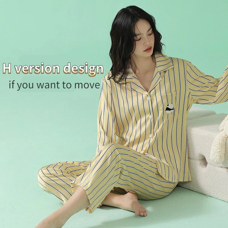 Women's Long Sleeve Pajamas Fashion Striped Homewear Comfortable Antibacterial Clothing-