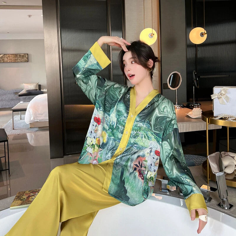 Women's Pajamas Set Luxury Print Silk Sleepwear V Neck Design Homewear Nightwear