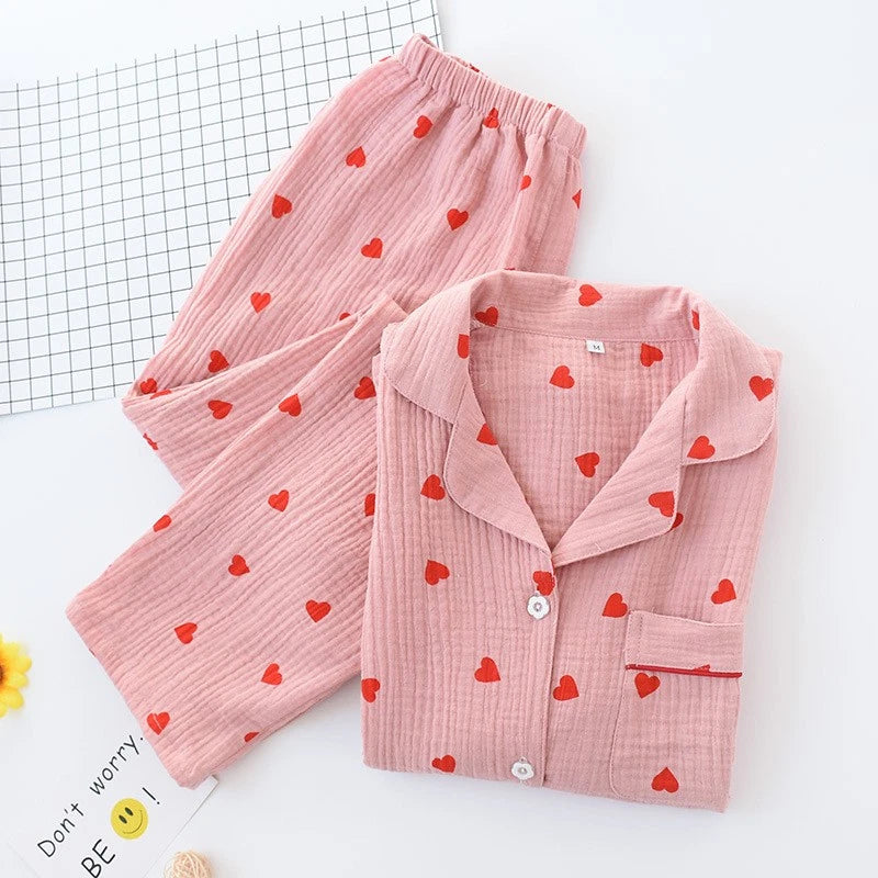 Japanese Women 100% Gauze Cotton Pajamas Set Long Sleeve Sleepwear Nightwear New