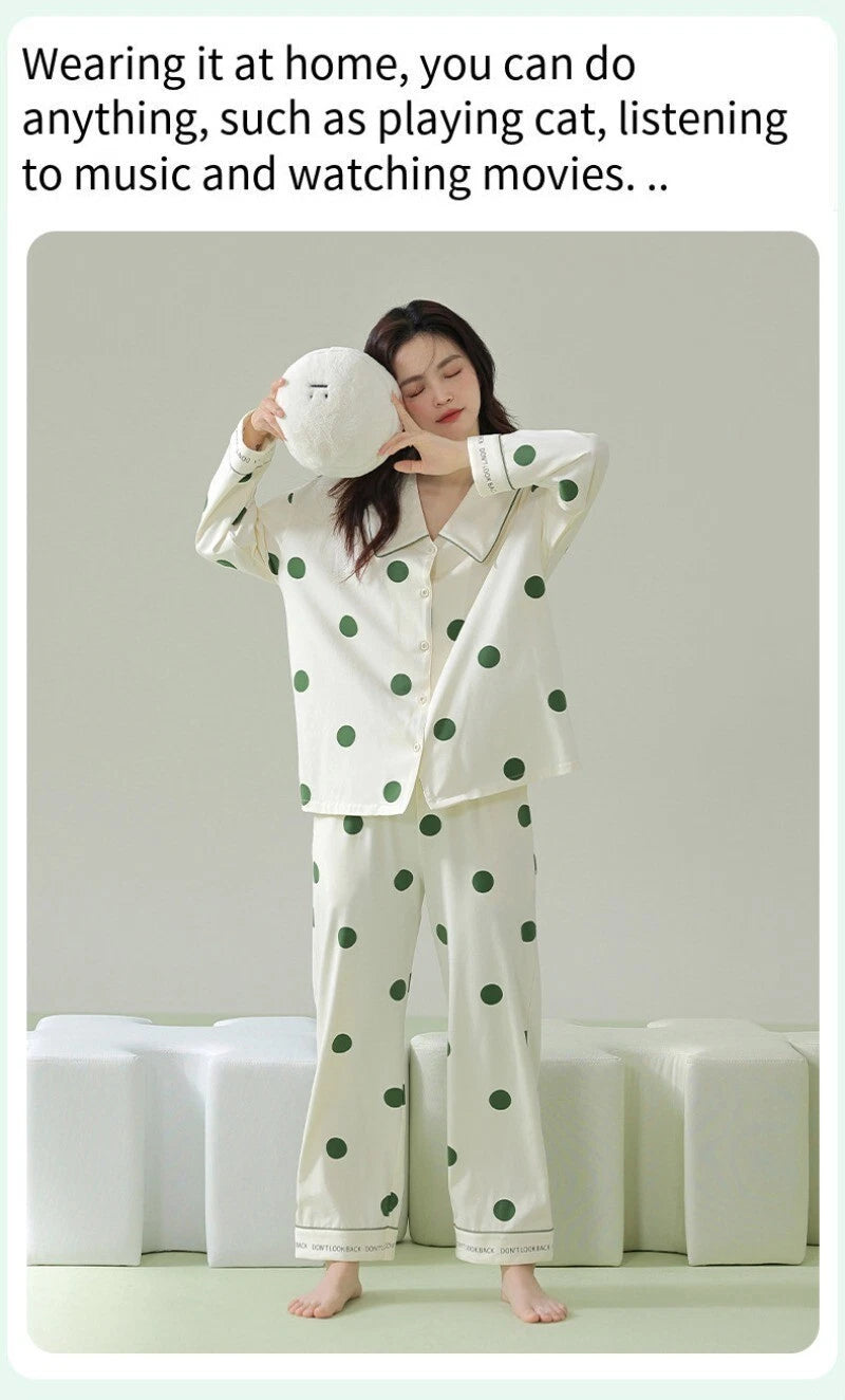 Autumn Women's Pajamas Set Long Sleeve Outdoor Polka Dot Print Antibacterial Clothing-