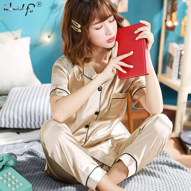 Womens/Ladies Long Sleeve Silk Satin Pyjamas Pyjama PJs Soft Silk PJS Nightwear