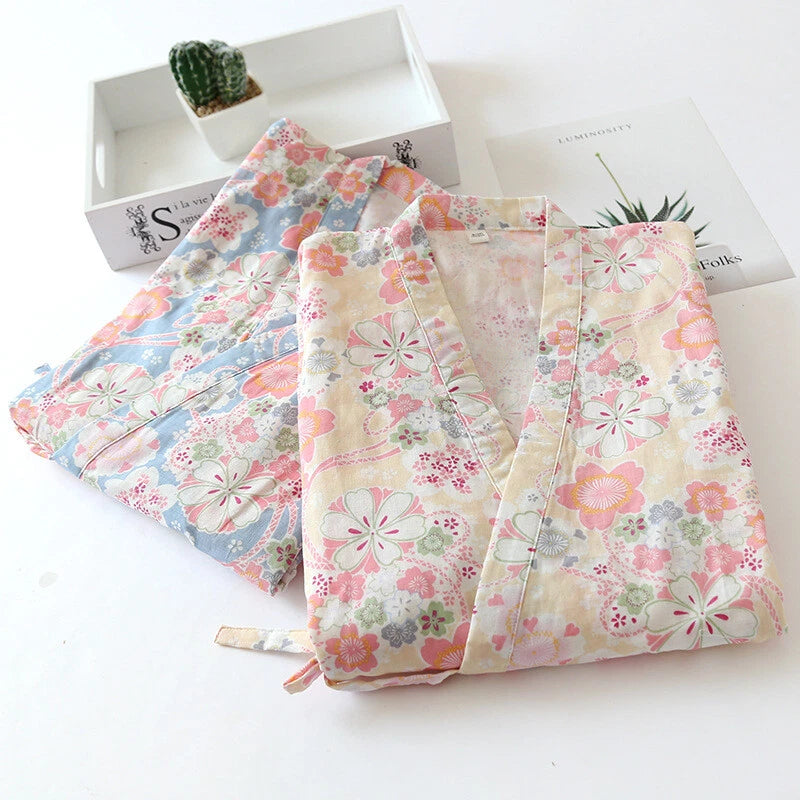 Japanese Harajuku 100% Gauze Cotton Kimono Pajamas Top+Pants Women Nightgown Set