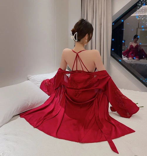 Sexy Robe Set Lace 2PCS Bathrobe Nightdress V-Neck Kimono Gown Sleepwear Suit