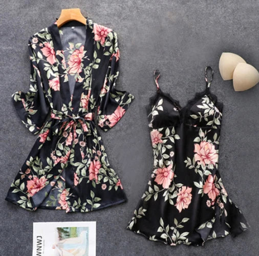 Pink Pajamas Sets Womens Strap Top Pants Sleepwear Suit Nightwear Robe Bath Gown