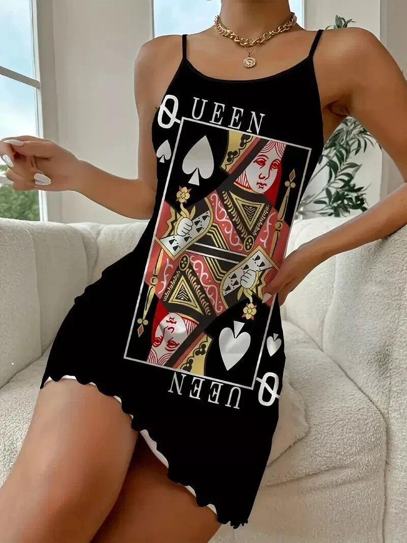 Fashionable Comfortable PJ, Playing Card Q Queen Pajama, Poker Slip Nightdress
