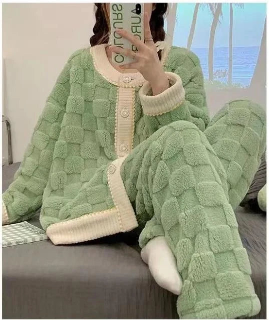 Women Coral Fleece Pajamas Set Lounge Home Suit Warm Sleepwear Homewear Set