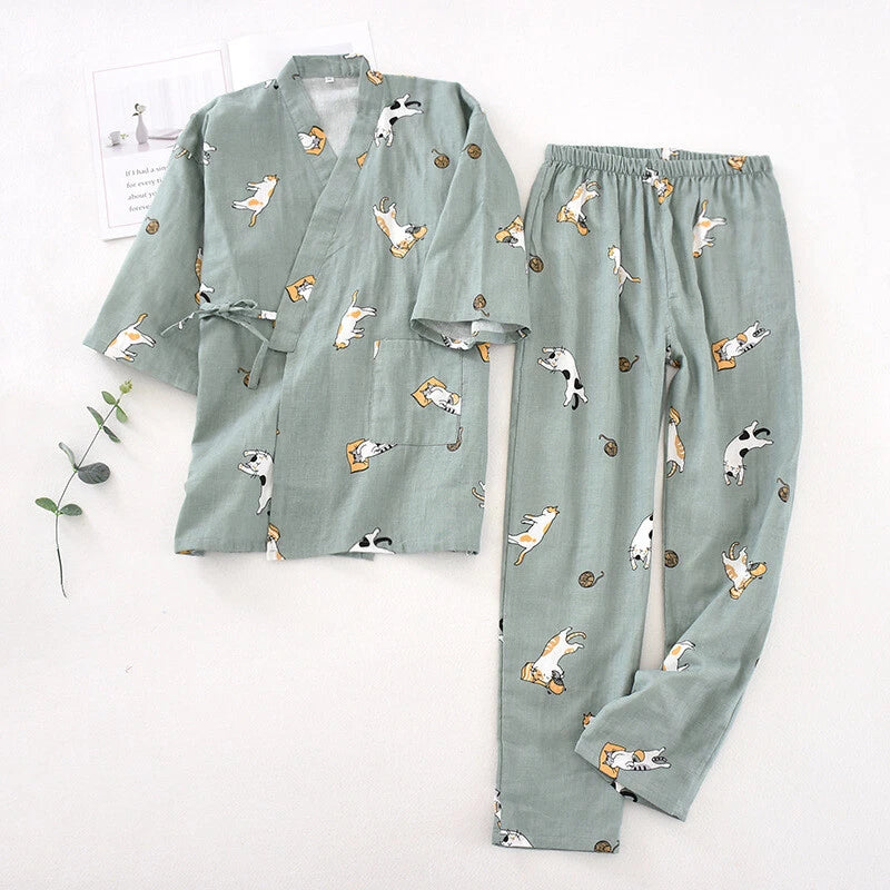 Japanese Harajuku 100% Gauze Cotton Kimono Pajamas Top+Pants Women Nightgown Set