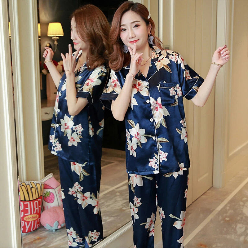 Women's Satin Pyjamas Set Short Sleeve Button-Down Sleepwear Silk PJS Loungewear