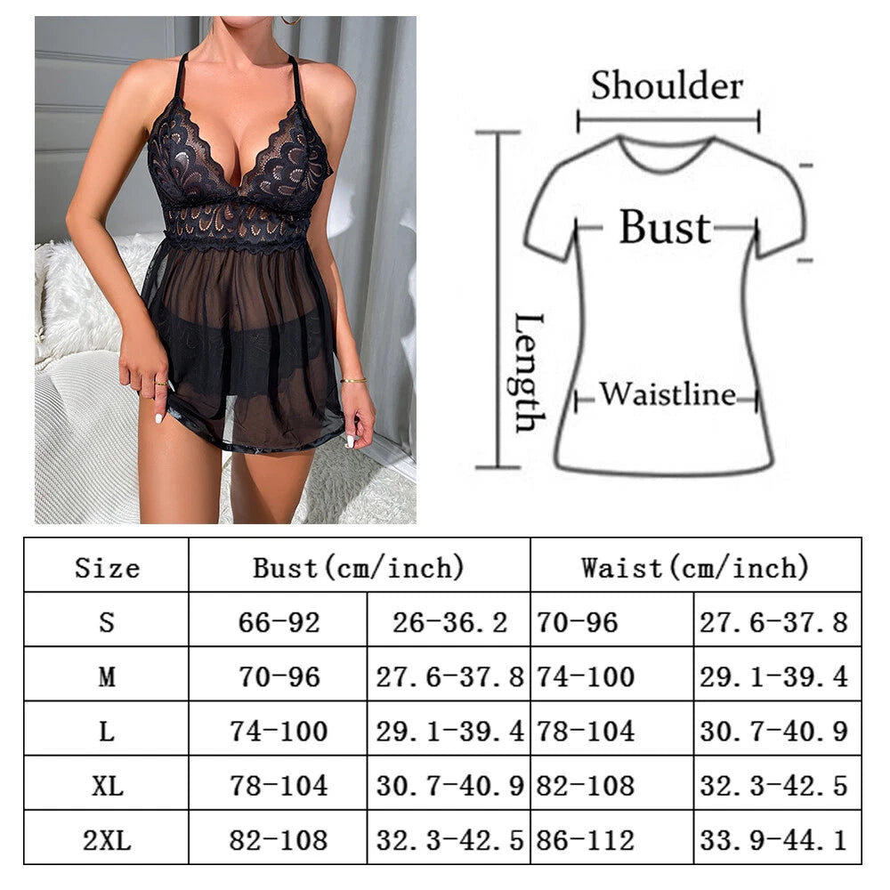 Women Sexy Lingerie Lace Babydoll V Neck Chemise Teddy Strap Sleepwear Panty Set