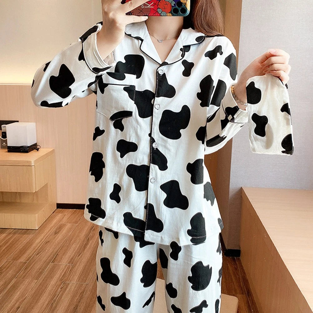 1 Set Women Long Sleeve Sleepwear Long Pants Home Cow Pattern Pajamas (M)