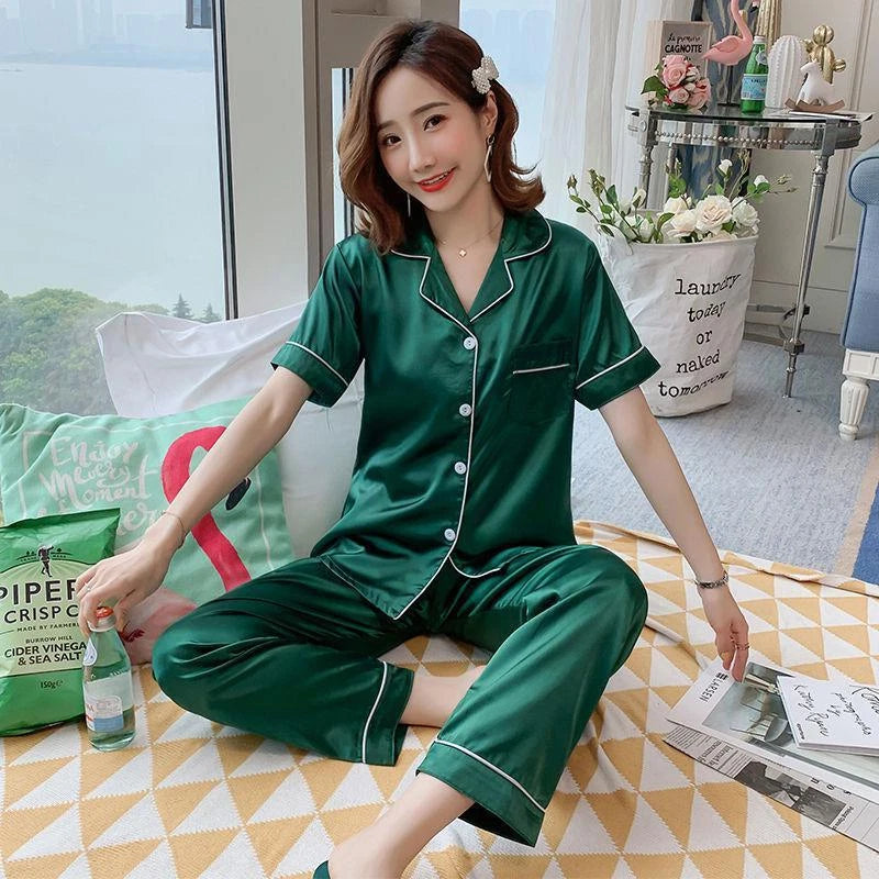 Womens/Ladies Long Sleeve Silk Satin Pyjamas Pyjama PJs Soft Silk PJS Nightwear