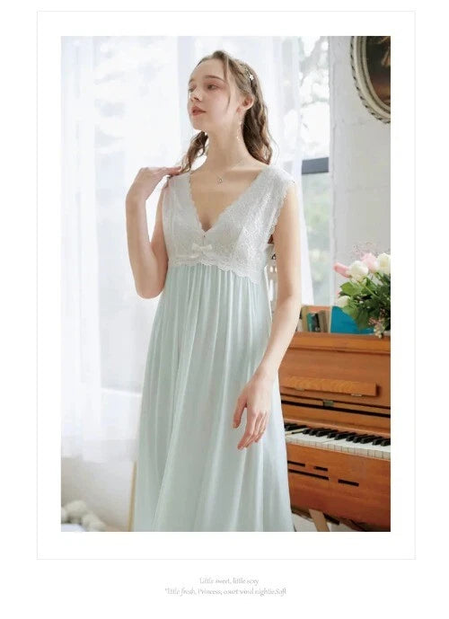 Cotton Summer Sleeveless V-Neck Backless Lace Fairy Princess Nightdress Fairy