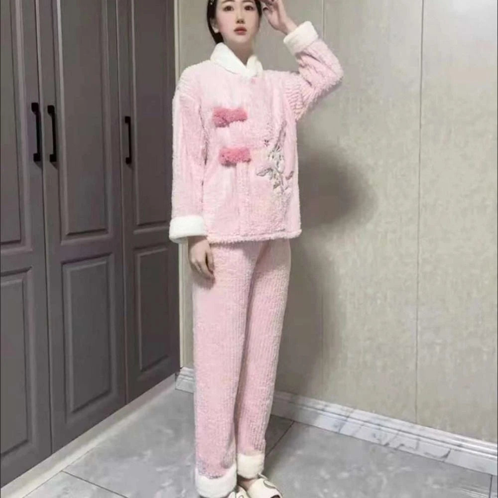 Plush Two Piece Pajama Set Rabbit Winter Sleepwear Home-