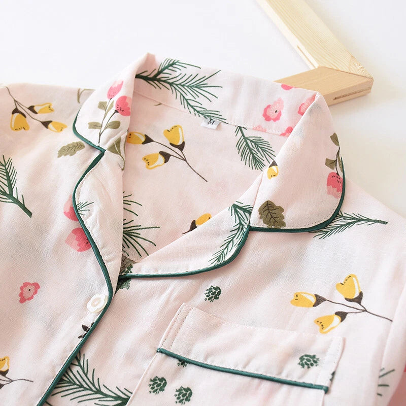 Women Pajamas Set 100% Cotton Printed Sleepwear Casual Nightwear Gauze Home Wear