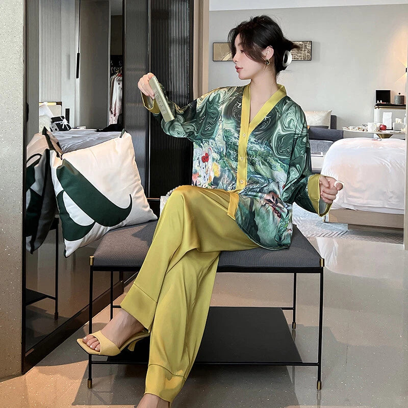 Women's Pajamas Set Luxury Print Silk Sleepwear V Neck Design Homewear Nightwear