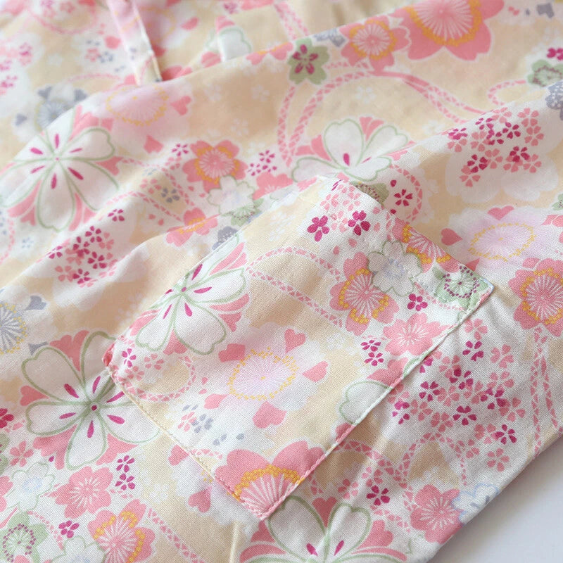 Japanese Women 100% Gauze Cotton Pajamas Set Kimono Short Sleeve Print Sleepwear