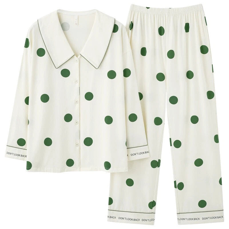 Ladies' Pajamas Set Outdoor Polka Dot Print Antibacterial Autumn Long Sleeve