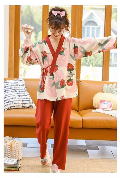 WomenPyjamas Set Strawberry Sleepwear Cotton Yarn Kimono PajamasV-Neck Plus Size