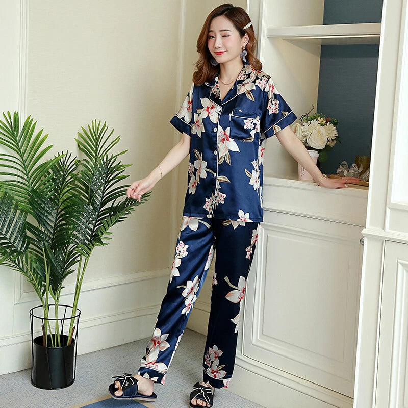 Women's Satin Pyjamas Set Short Sleeve Button-Down Sleepwear Silk PJS Loungewear