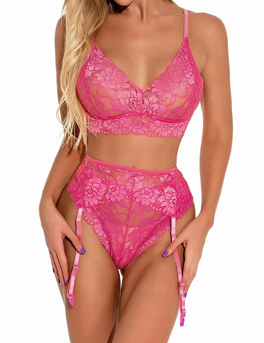Women Sexy Lingerie Set with Garter Belt Floral Lace Bra and Panty Set Nightwear