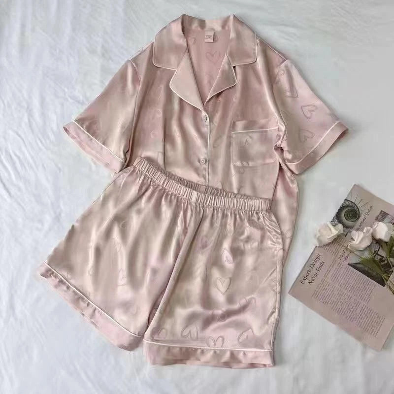 Women Silk Satin Pajamas Long Sleeve Sleepwear 2-piece Button-Down Home Wear Pjs