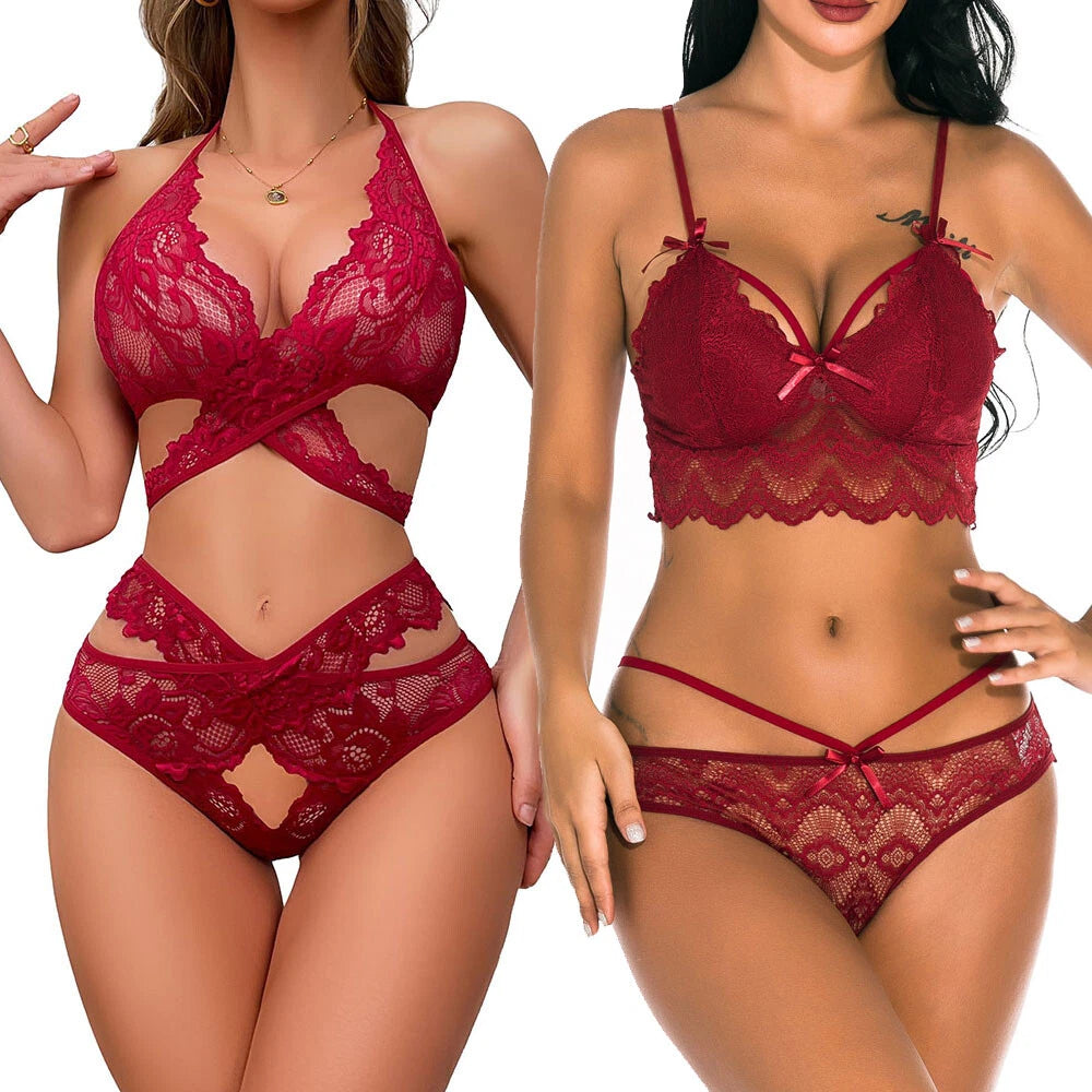 Two Piece Women Sexy Lingerie Set Lace Bra and Panty Set Babydoll Sleepwear US