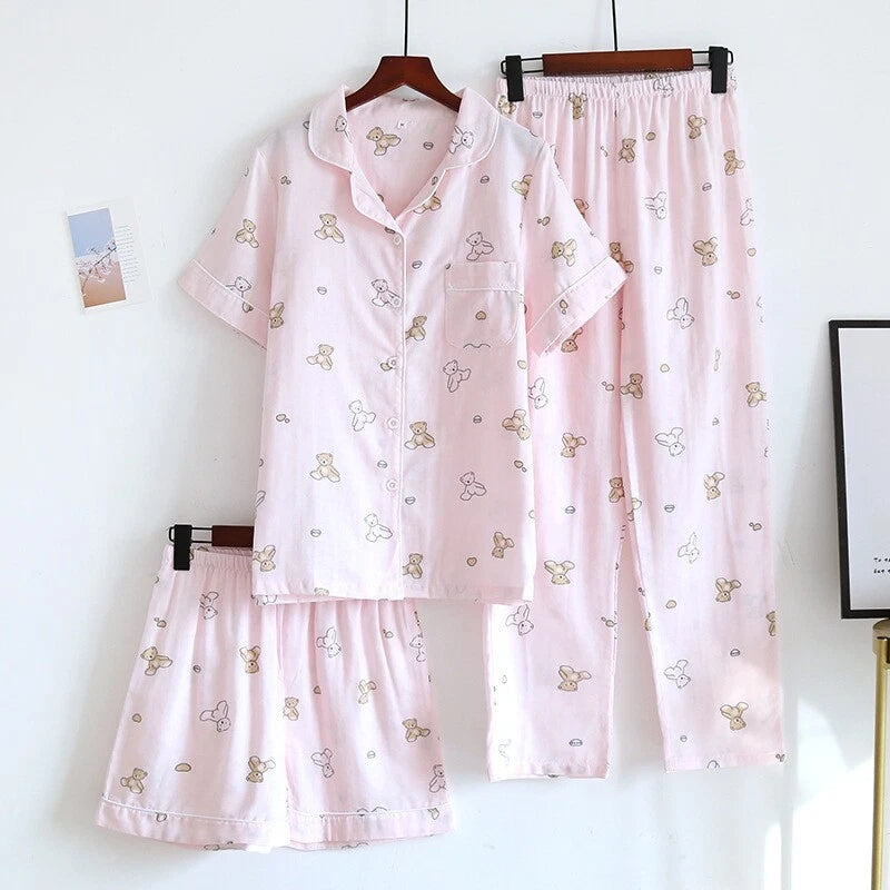 3PCS Women Pajamas Set 100% Gauze Cotton Printed Pyjamas Short Sleeve Sleepwear