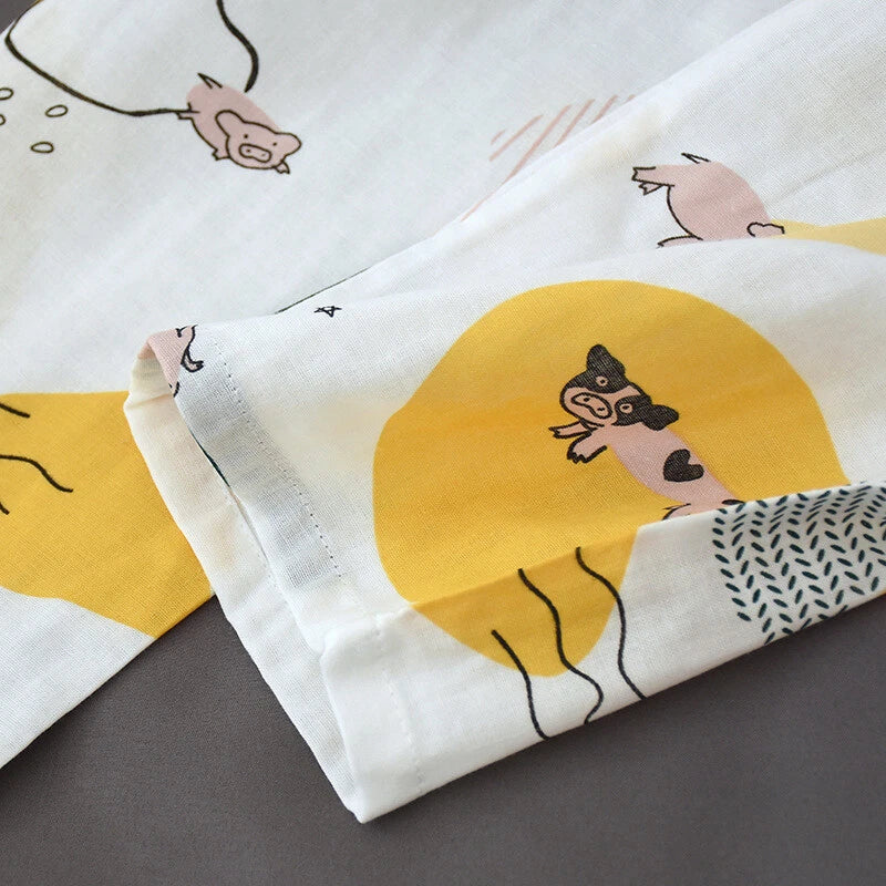 Women Pajamas Set 100% Cotton Printed Sleepwear Casual Nightwear Gauze Home Wear