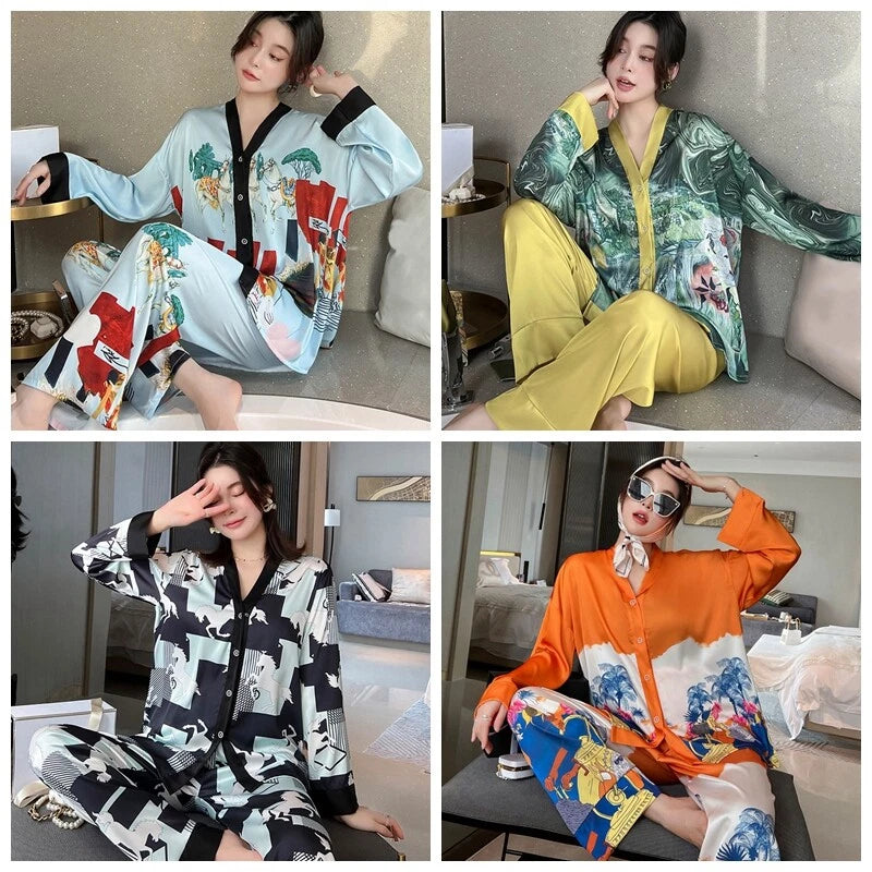 Women's Pajamas Set Luxury Print Silk Sleepwear V Neck Design Homewear Nightwear