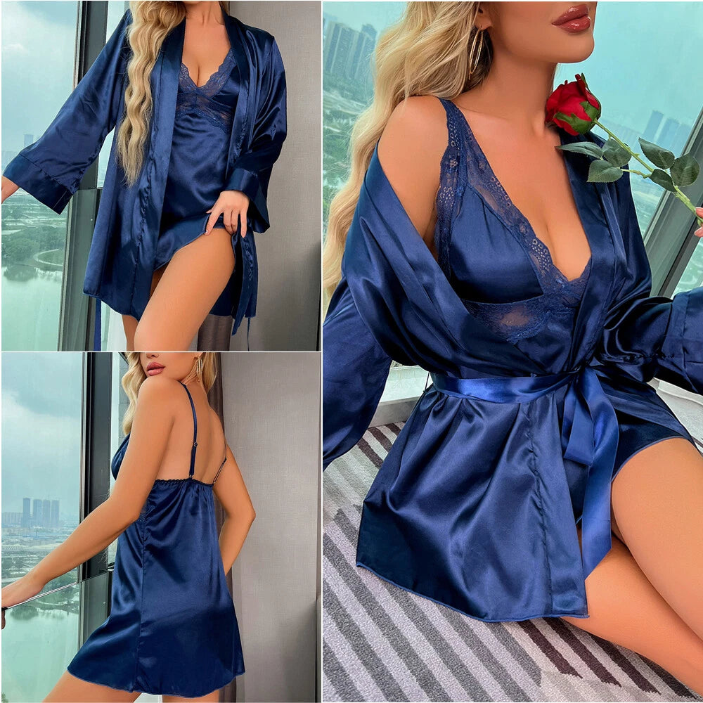 Womens Short Silk Robe with Nightdress Set Sexy Mini Babydoll Sleepwear Lingerie