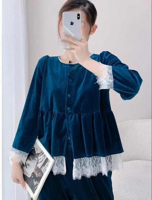 Velvet Pajamas Suit V-Neck 2PCS Set Women Lace Sleepwear Button-down Nightwear