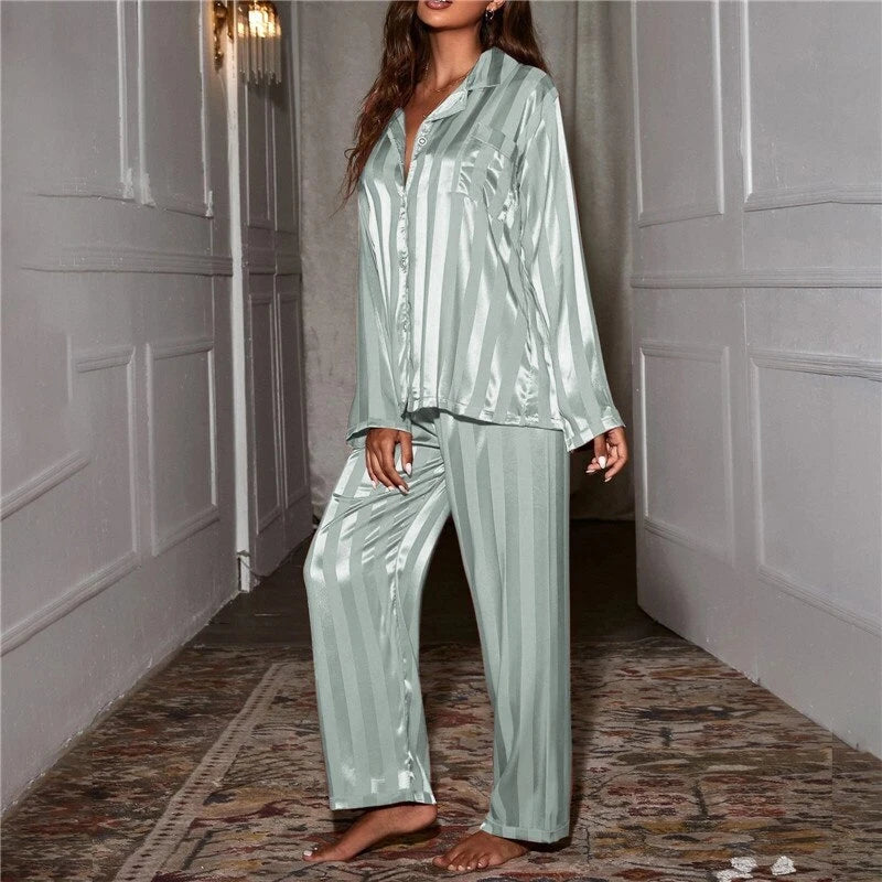 2023 Women's striped pajama set, solid silk satin pajama two-piece set