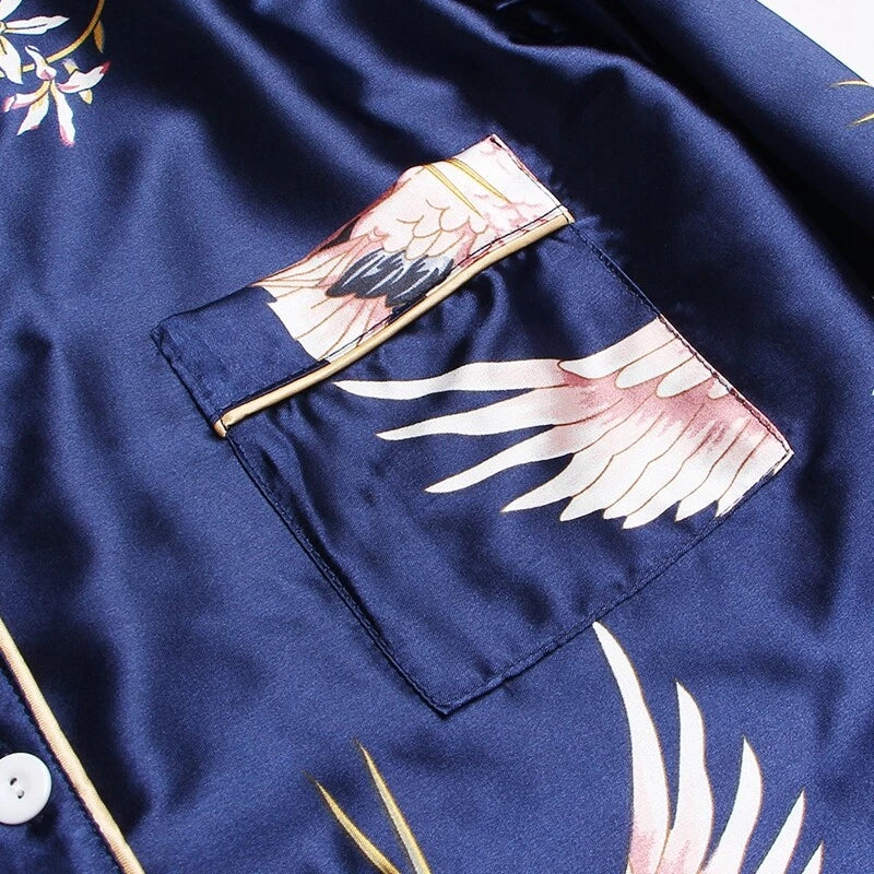 Women's Long Sleeve Silk Pajama Set Button-Down Sleepwear Print Loungewear Plus