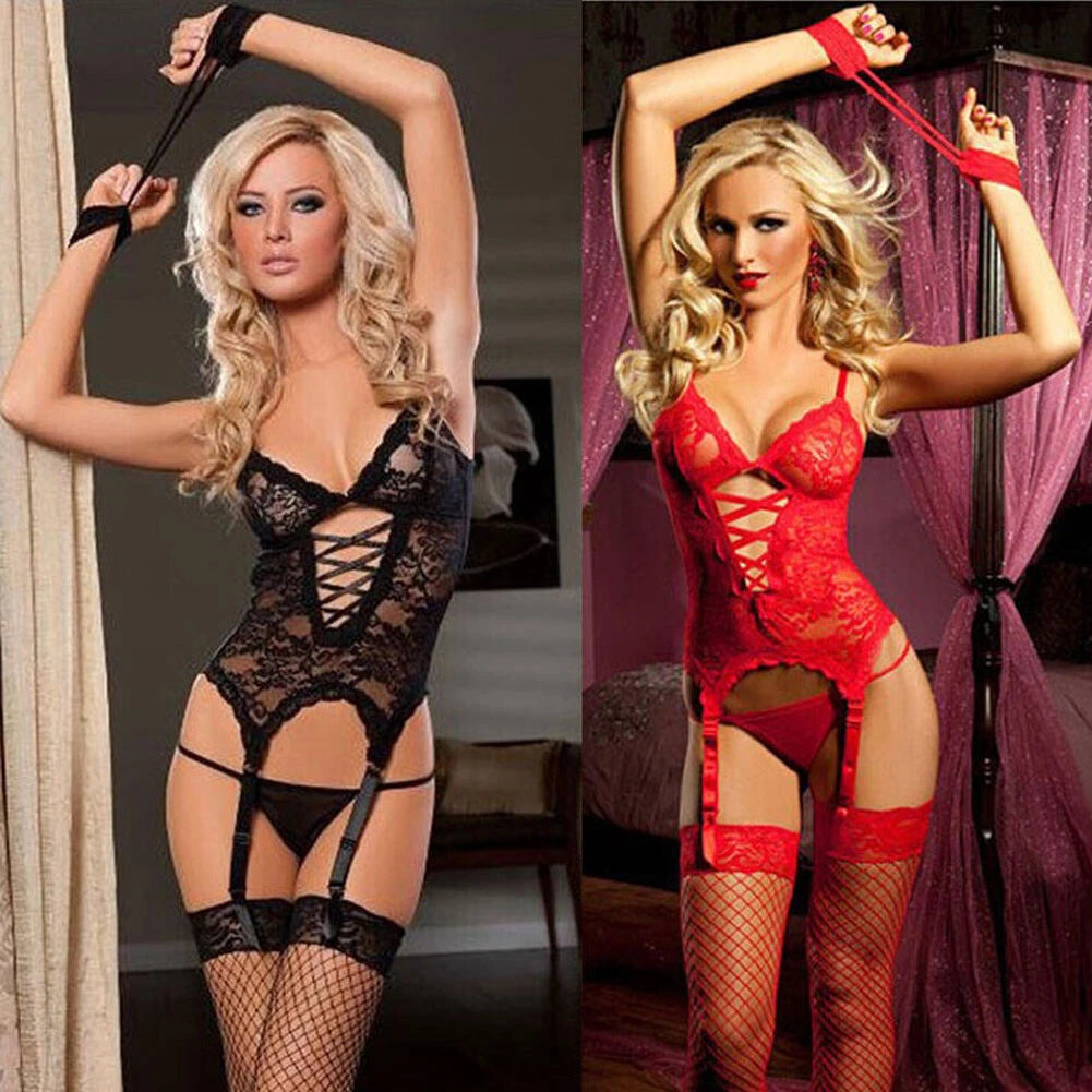 Sexy Women Lingerie Set Teddy Bodysuit with Garter Belt Lace Sleepwear Babydoll